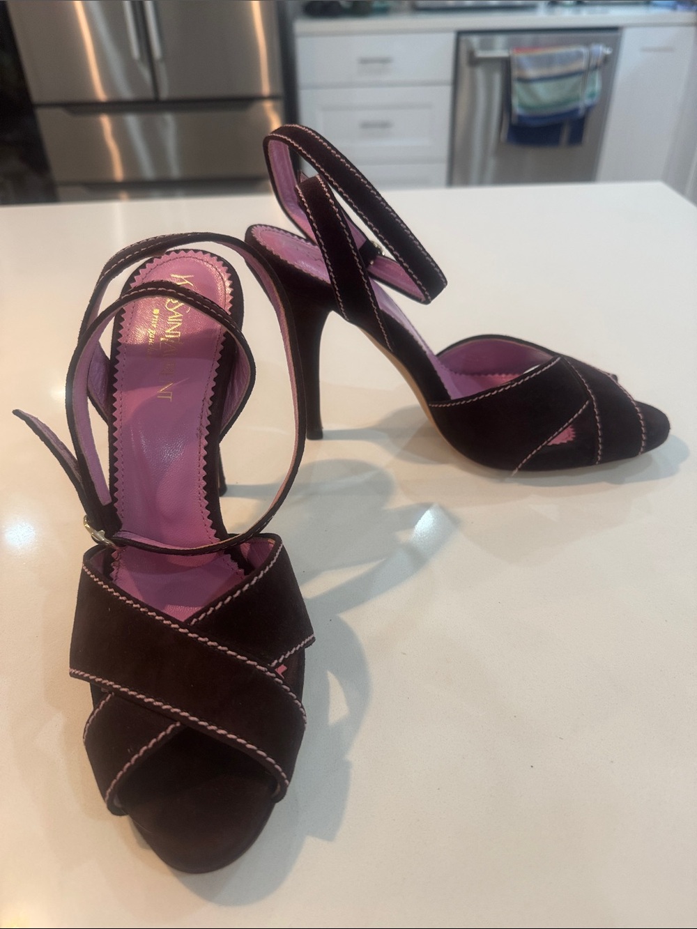 YVes Saint Laurent Brown Y2K Suede Crisscross Slingback Heels